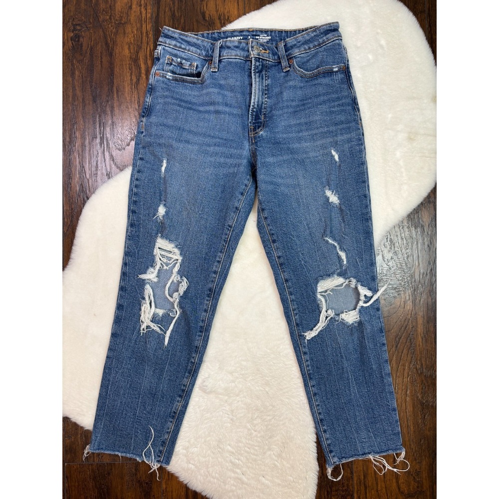Old Navy Jeans 8 Petite OG Straight High-Rise Ripped Stretch Blue Denim 8P